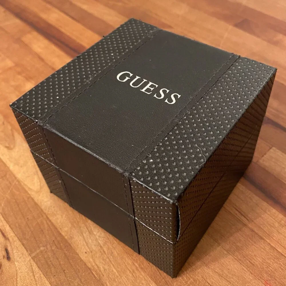 Men's GUESS Watch Gunmetal Gray Classic Rectangular Face and Steel Band with Box